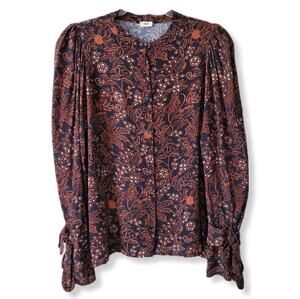 WARM Women Brown Black Puff Sleeve Floral Blouse Top M Cottage Country Boho NEW